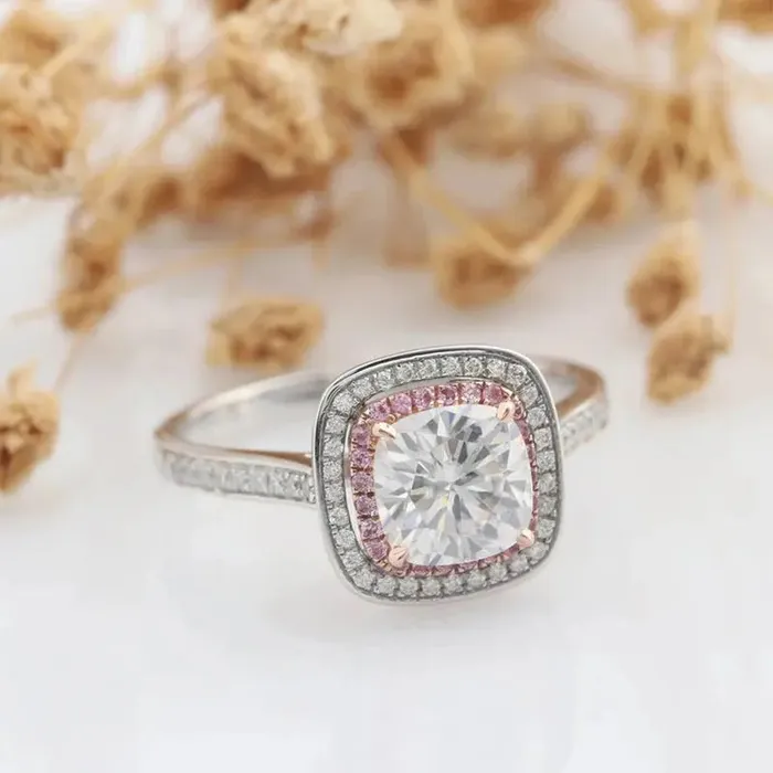 Luxus Moissanite Rings Silver or Gold Two Tone Double Halo Engagement Ring 2ct