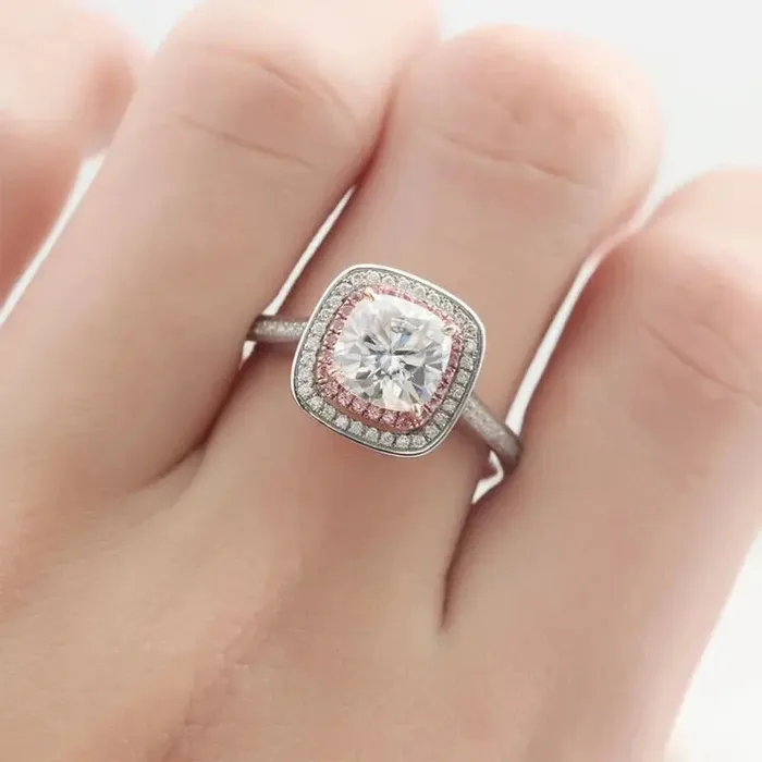 Luxus Moissanite Rings Silver or Gold Two Tone Double Halo Engagement Ring 2ct