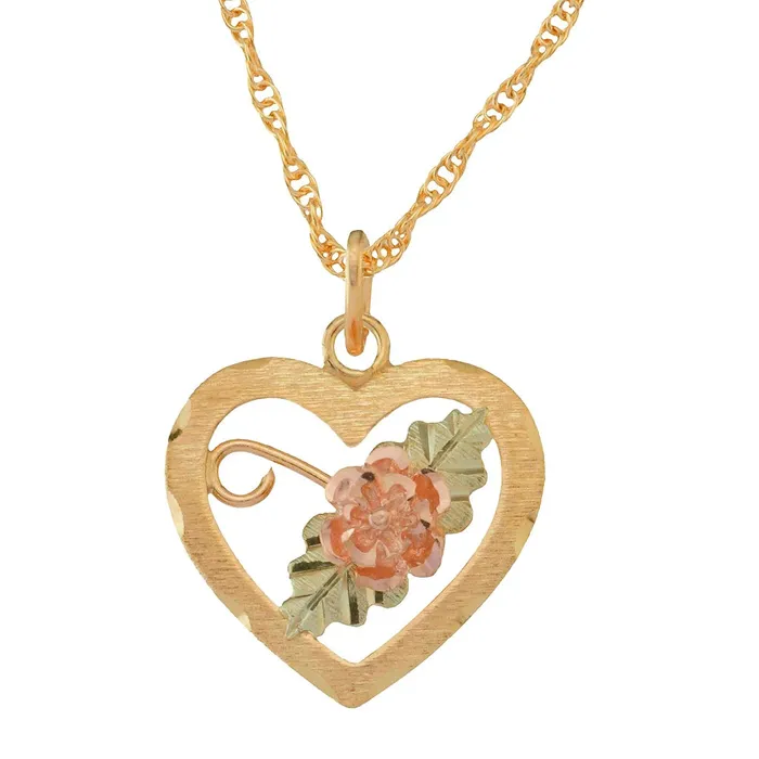 Necklaces Black Hills Gold 10K Yellow Gold Open Heart Pendant with a 12K Rose Supported by 12K Green Leaves TR Jewelry Concepts Necklaces Black Hills Gold 10K Yellow Gold Open Heart Pendant with a 12K Rose Supported by 12K Green Leaves TR Jewelry Concepts