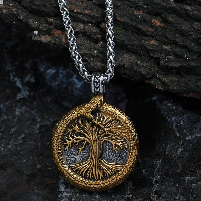 Necklaces Valhalla Vikings Viking Necklace Goldtrimmed Yggdrasil in Jormugandr Circle