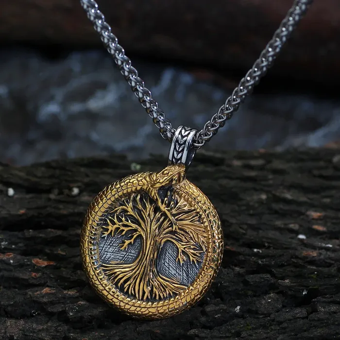Necklaces Valhalla Vikings Viking Necklace Goldtrimmed Yggdrasil in Jormugandr Circle