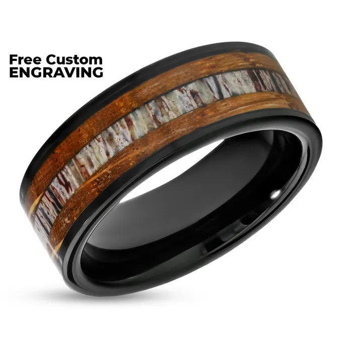 Rings Clean Casting Jewelry Black Tungsten Wedding Ring Deer Antler Wedding Ring Whiskey Barrel Ring 8mm Ring