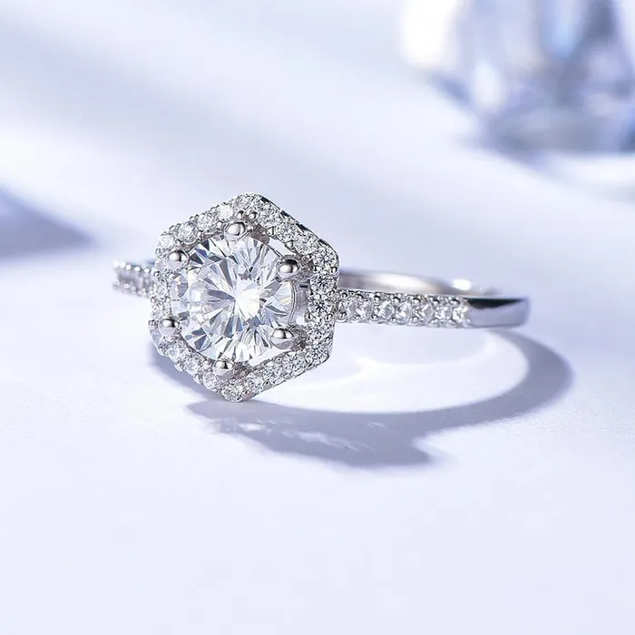 Rings Luxus Moissanite Rings Jewelry Platinum Plated Silver Halo Moissanite Ring 08ct Rings Luxus Moissanite Rings Jewelry Platinum Plated Silver Halo Moissanite Ring 08ct