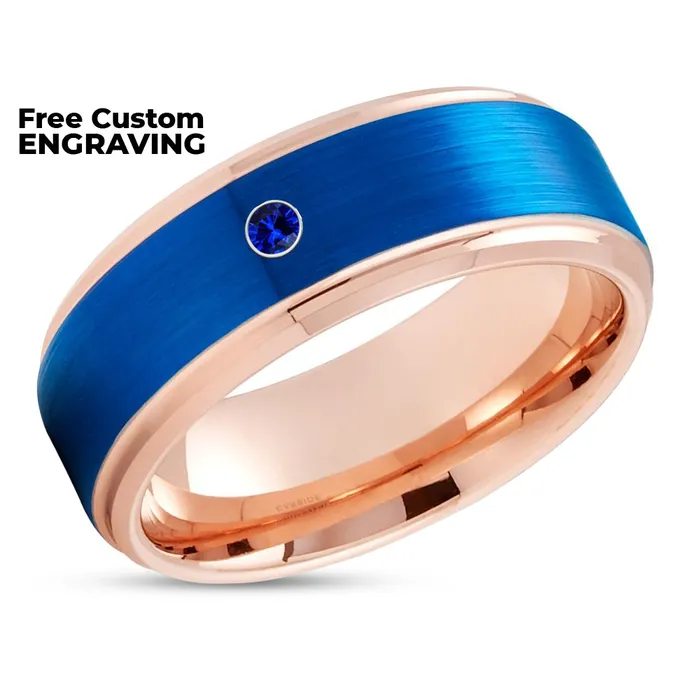 Rings Rose Gold Wedding Ring Blue Sapphire Ring Tungsten Wedding Ring Wedding Band Clean Casting Jewelry