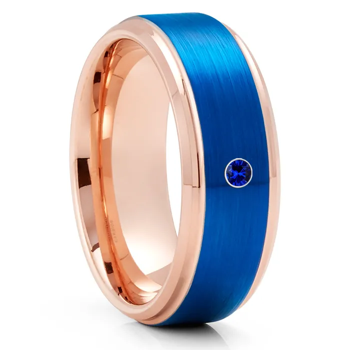 Rings Rose Gold Wedding Ring Blue Sapphire Ring Tungsten Wedding Ring Wedding Band Clean Casting Jewelry