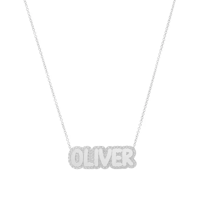 SG Fashion Necklaces Sterling Silver Small Bubble Name with Pave Outline Necklace