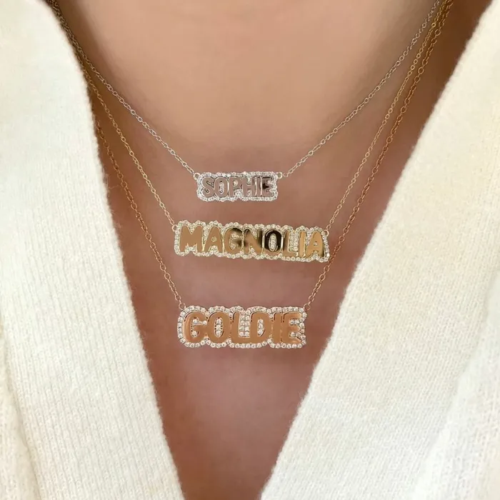 SG Fashion Necklaces Sterling Silver Small Bubble Name with Pave Outline Necklace