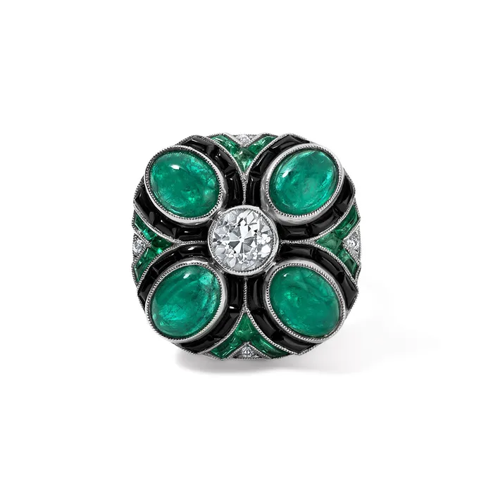 SG Vintage Rings Deco Diamond Emerald and Onyx Cocktail Ring