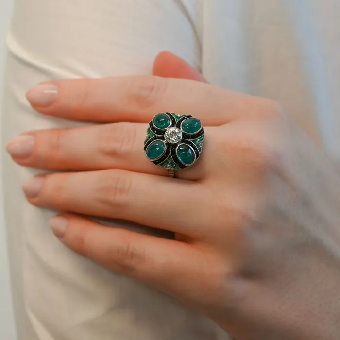 SG Vintage Rings Deco Diamond Emerald and Onyx Cocktail Ring