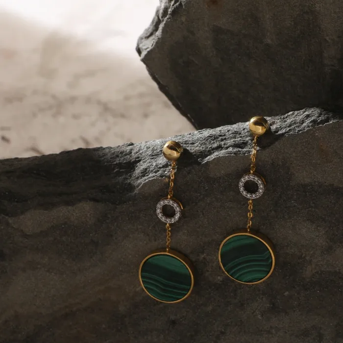 SILVER Earrings Malachite Round Charm Silver Drop Earrings