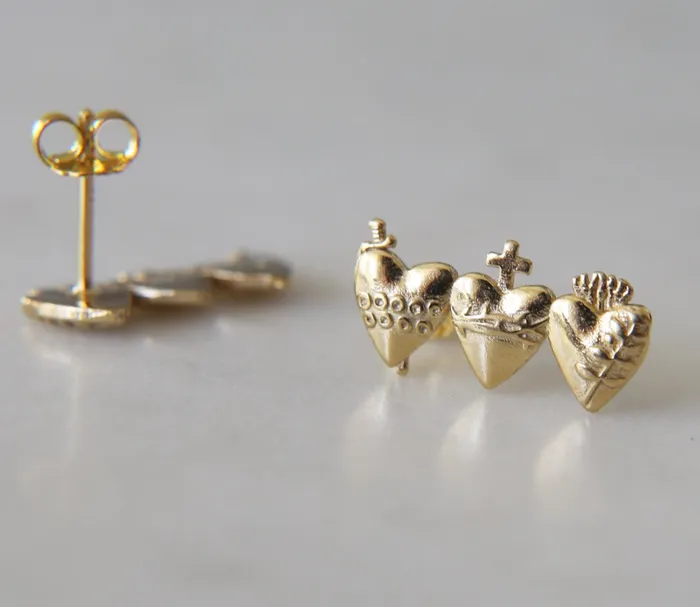 The Little Catholic Earrings Holy Family Hearts Earrings in Gold Vermeil