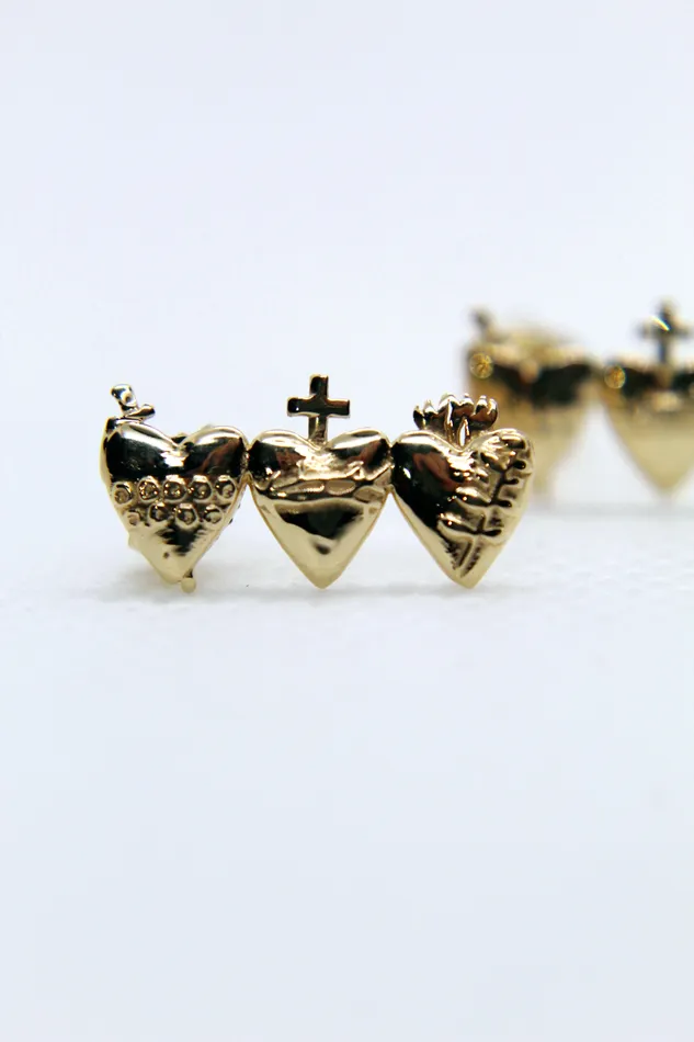 The Little Catholic Earrings Holy Family Hearts Earrings in Gold Vermeil