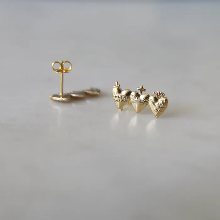 The Little Catholic Earrings Holy Family Hearts Earrings in Gold Vermeil
