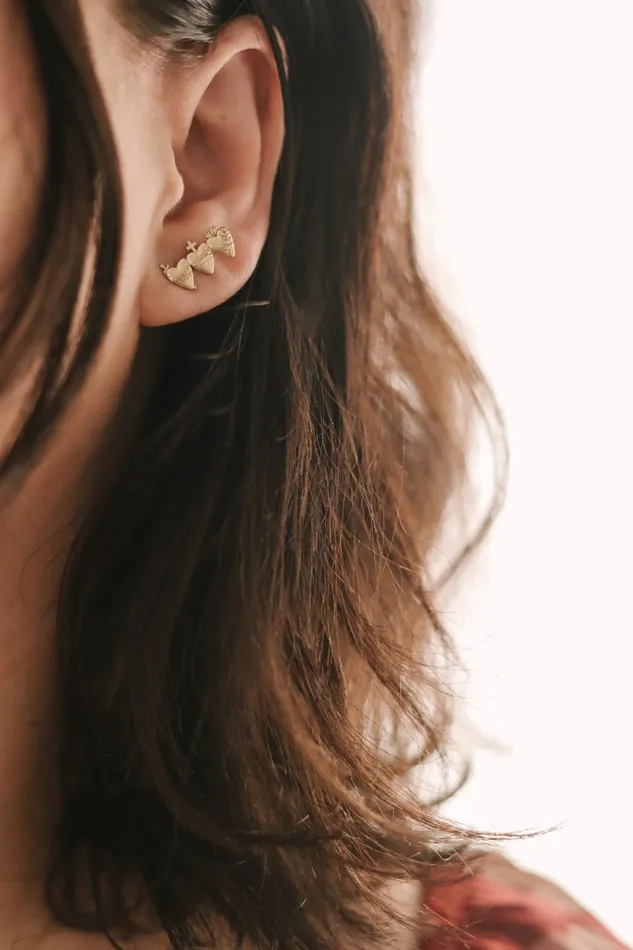 The Little Catholic Earrings Holy Family Hearts Earrings in Gold Vermeil