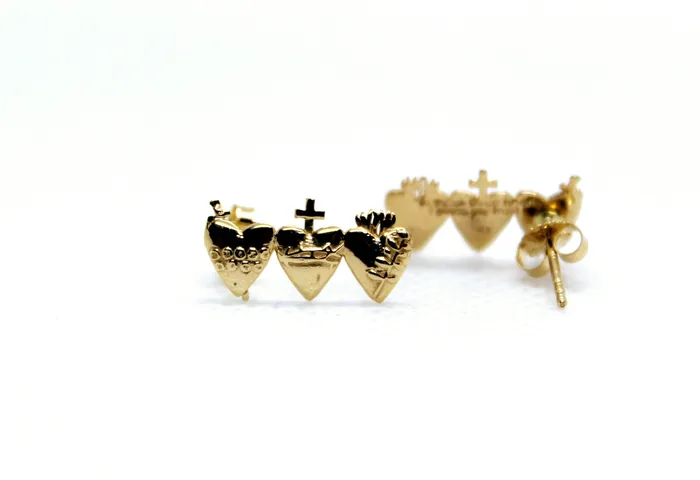 The Little Catholic Earrings Holy Family Hearts Earrings in Gold Vermeil