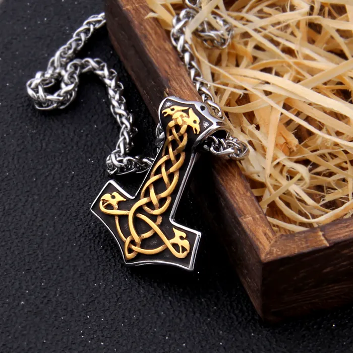 Thors Hammer Necklace Golden Knotted Ravens AE Necklaces