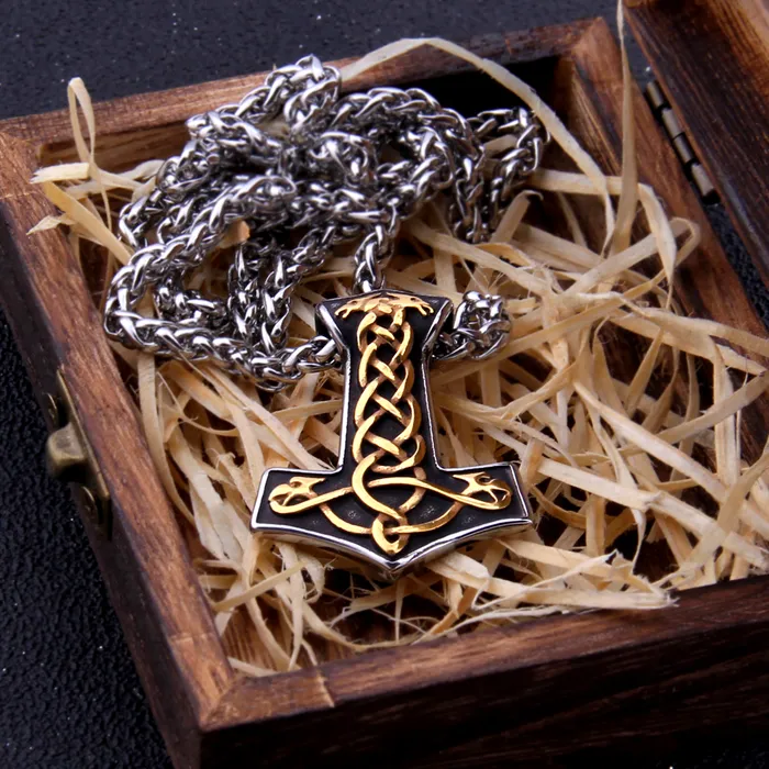Thors Hammer Necklace Golden Knotted Ravens AE Necklaces