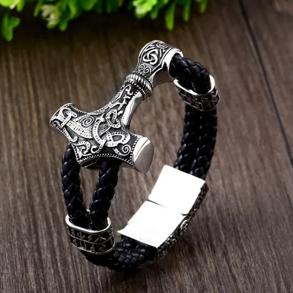 VikingStore Bracelets Thors Hammer With Runes Leather Bracelet