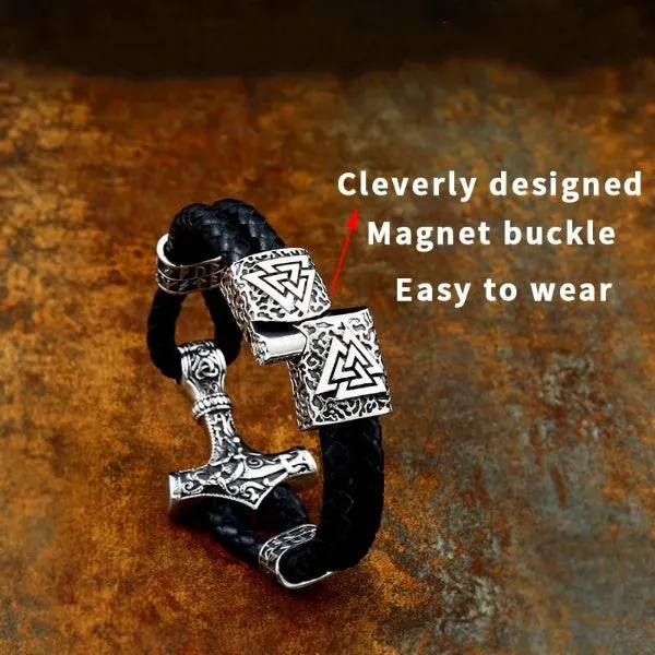 VikingStore Bracelets Thors Hammer With Runes Leather Bracelet