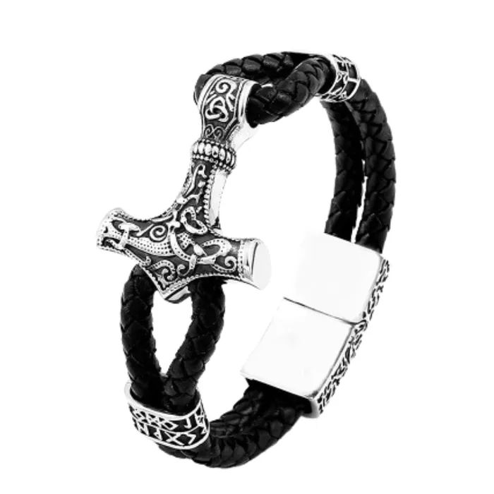 VikingStore Bracelets Thors Hammer With Runes Leather Bracelet