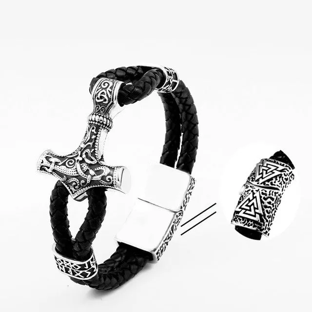 VikingStore Bracelets Thors Hammer With Runes Leather Bracelet