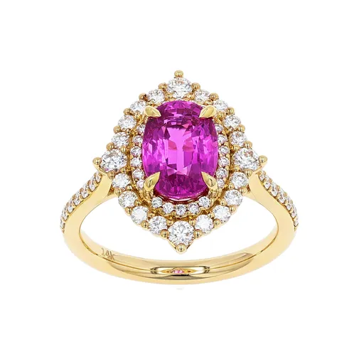 Vlora 14K Yellow Gold Pink Tourmaline Double Halo Diamond Ring 369CTW Shop IDC estore Rings